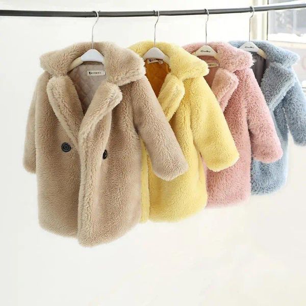 Piumino per ragazze Pelliccia sintetica Baby Teddy Bear Addensare Giacca calda Cappotto lungo per bambini Inverno Abbigliamento per bambini Capispalla casual 3-12 anni