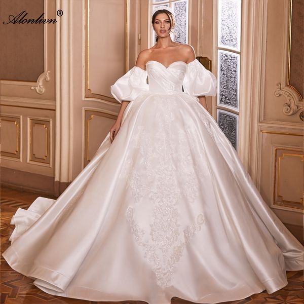 Роскошное атласное бальное платье в форме сердца, свадебное платье с открытыми плечами, пышными рукавами, вышивкой бисером, аппликациями, кружевные свадебные платья принцессы