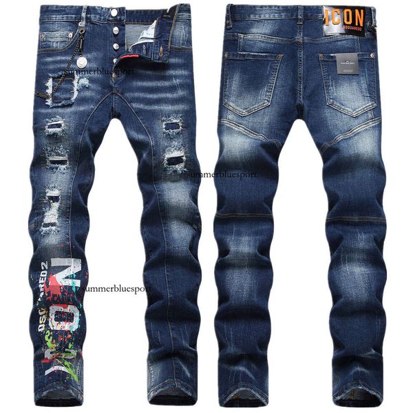 Estilo moderno rua hip-hop fio aleatório remendo pendurado corrente elástica pequeno tubo reto jeans impresso digital