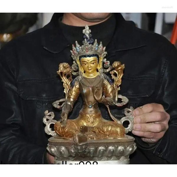 Декоративные статуэтки 11,6 дюйма, тибетская древняя бронза, позолоченный драгоценный камень, зеленая статуя Будды, богини Тары Кван-инь