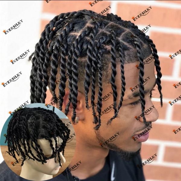 Toupees Afro Hairstyle Twisted Braids Toupee Human Human Toupe para homens da África Men, sistema de substituição de cabelo PU não detectado capilar