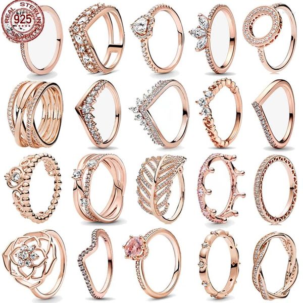 Anéis de cluster jóias femininas 925 prata esterlina clássico rosa série de ouro anel de água espumante gotas coroa charme presentes requintados