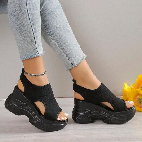 Sandálias de sola grossa para mulheres verão malha respirável peep toe salto inclinado plus size sólido esportes tricô calçado plano