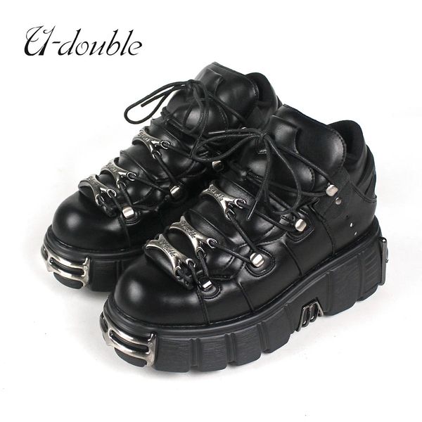 U-DOUBLE marca estilo punk sapatos femininos rendas altura do salto 6cm sapatos plataforma mulher botas de tornozelo gótico decoração de metal mulher tênis 240311