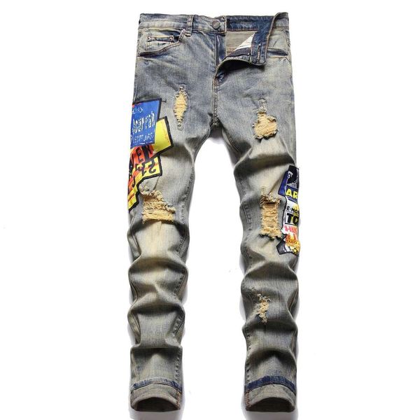 2022 Frühjahr/Sommer Neue trendige und abgenutzte Patchwork-Jeans mit mittlerer Taille für Herren