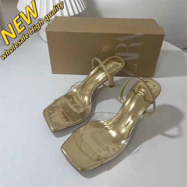 Cheap Store 90 % Rabatt auf den Großhandel Za Damenschuhe Square Toe Open Transparent Pvc High Heel Sandalen Cool Drag Gold Metal Material Vielseitig