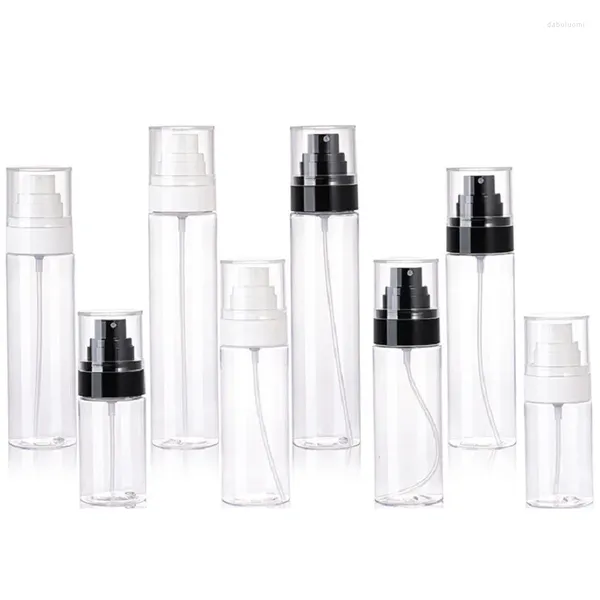 Aufbewahrungsflaschen, leer, klar, nachfüllbar, weiß, schwarz, Sprühnebel, 50 ml, 80 ml, 100 ml, 120 ml, runde PET-PP-Kunststoff-Parfümverpackungsbehälter