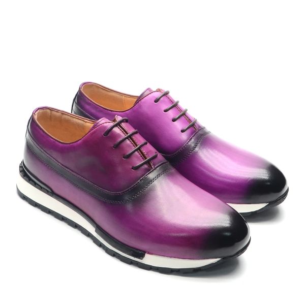 Sapatos da marca de luxo Oxford Shoes para homens genuínos de couro de couro liso redondo dedo do pé artesanal Black Blue Purple Footwear Sneakers casuais