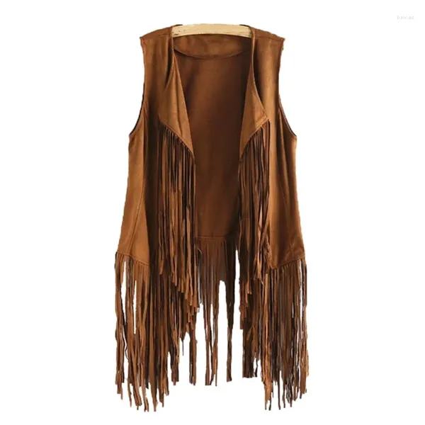 Coletes femininas Mulheres Faux Camurça Étnica Sem Mangas Para Jaqueta Longa Franja Borlas Hippie Frente Aberta Cardigan Vintage Cowgirl Colete Colete