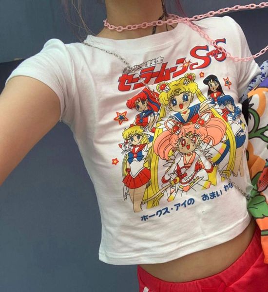 Sailor moon impressão harajuku goth feminino camisetas kawaii curto anime t camisa hiphop verão feminino streetwear colheita topos y2k nvtx5462811