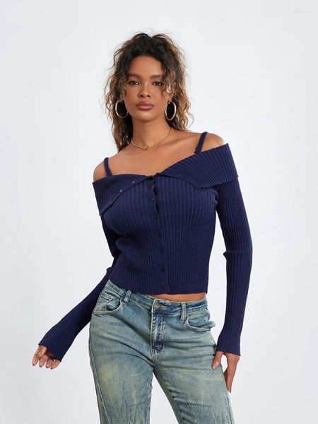 Damenpullover, schulterfreier Damenpullover, kalter Button-Down-Crop-Top, Y2k-Strick, Herbst