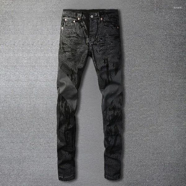 Jeans masculinos 2024 textura de revestimento homens jean motocicleta calça velha lavagem água estiramento high street streetwear skinny calças cônicas