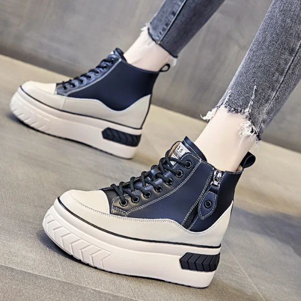 Scarpe da donna alta scarpe vere in pelle vera stivali piattaforma da 8 cm cuneo zip tacco nascosto primavera autunno scarpe inverno inverno scarpe da ginnastica sneaker