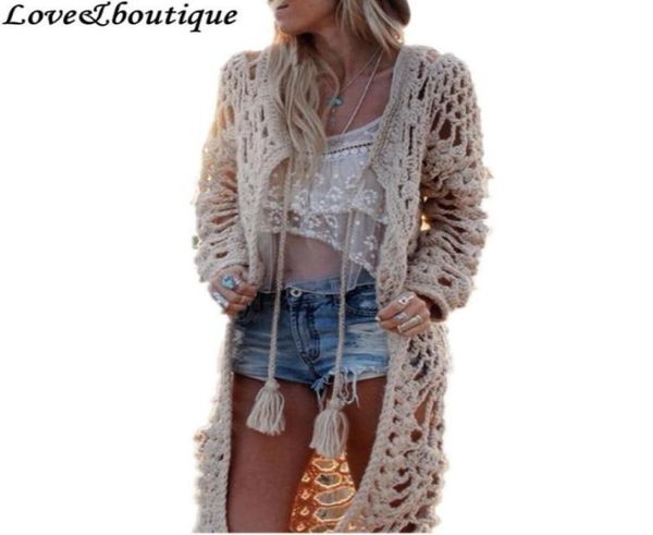 Intero autunno nuove donne stile bohemien all'uncinetto scavato nappa manica lunga cardigan lavorato a maglia lungo maglione maglieria casual Fring3733331486989