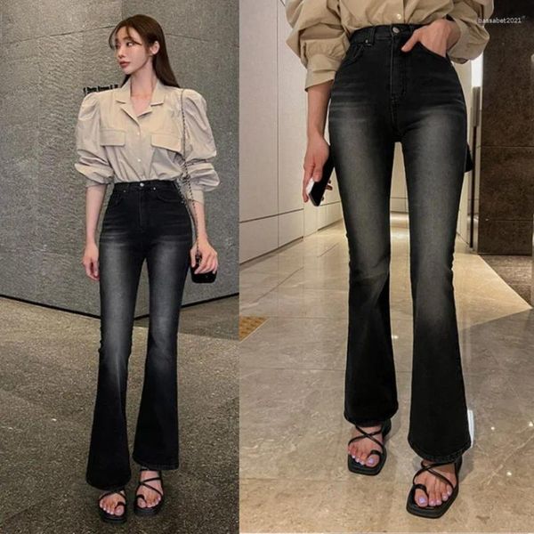 Jeans femininos meninas moda cintura alta mulher roupas senhoras casual streetwear lim-fit denim calças femininas vintage bell-bottoms 7836