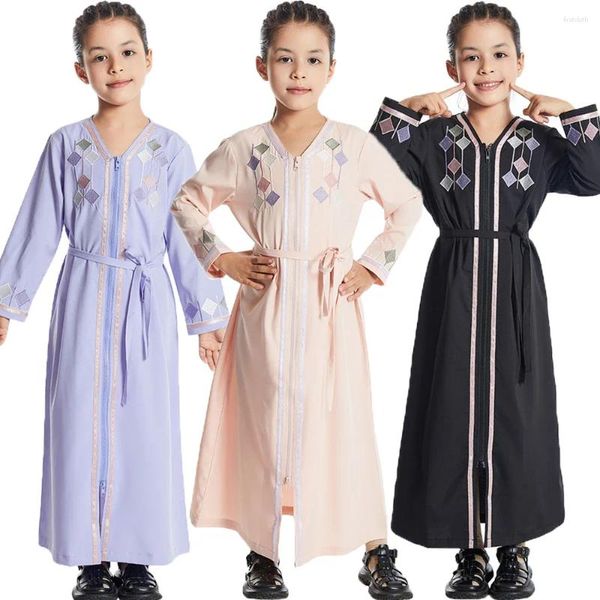 Этническая одежда, мусульманская детская одежда для девочек, открытая молния спереди, Абая, Марокко, кафтан, исламская детская одежда, Ид, Рамадан, Джалабия, арабский халат, кафтан, платье