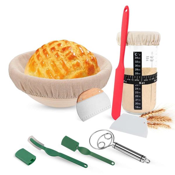 Kit, set completo di prodotti da forno di ultima generazione, kit per la preparazione della pasta madre con barattolo iniziale, cestini per lievitazione, raschietto in silicone, lama per pane e frusta - 7 strumenti