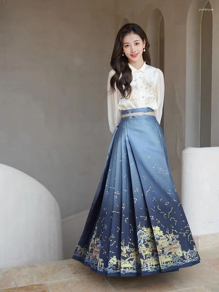Abbigliamento etnico Elegante moda moderna cinese manica lunga stampa superiore gonna cavallo sciolto Hanfu Set abiti tradizionali vintage da donna