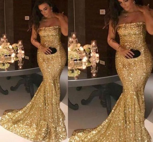 Vestidos de dama de honra de ouro 2019 lantejoulas barato decote sem alças sereia tribunal trem vestidos de dama de honra arábica9143345