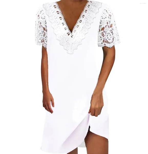 Vestidos casuais verão vestido branco para mulher 2024 rendas manga curta boho praia sundress elegante senhoras crochê festa mini vestidos