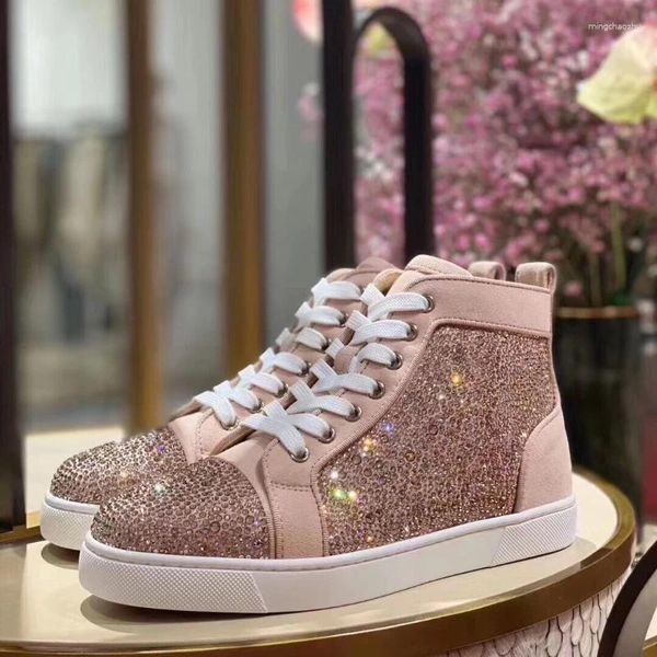 Sapatos casuais femininos com sola vermelha de couro de cano alto cheio de diamantes masculinos e as mesmas pontas baixas de estrela