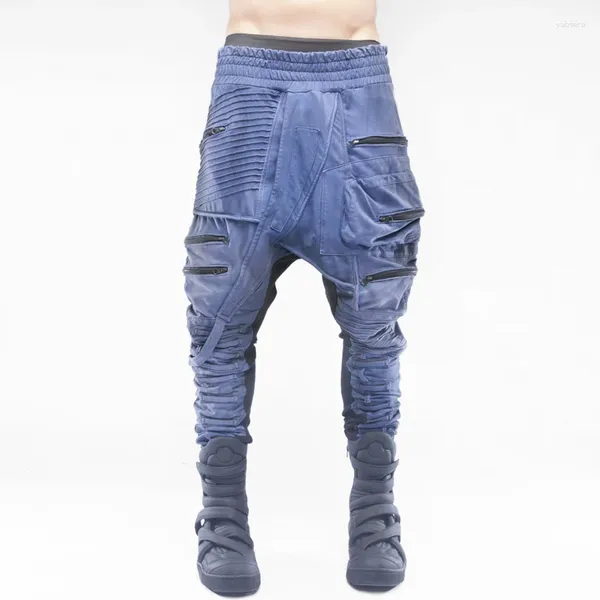 Jeans da uomo Terreno di scarto Dune di sabbia Tinta in capo Asimmetrico Decostruzione Gamba con chiusura sul cavallo Pantaloni casual multi-bag per uomo