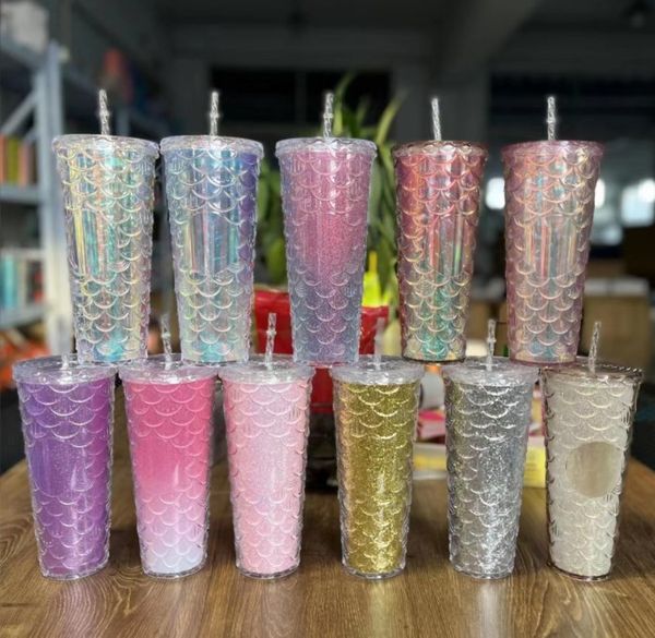 Toptan çivili plastik bardak 24oz balık ölçekli bardak çift katmanlı plastik bardaklar durian fincan elmas kupa saman kupası 710ml su bardağı