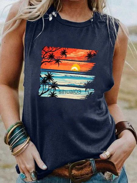 Kadın Tankları Camis Retro Tropikal Gün batımı Sahnesi Yaz Renkli Tank Top Trend Palm Ağacı Plaj Uzun Kollu T-Shirt Kadın Moda Günlük Vintage Topl2403