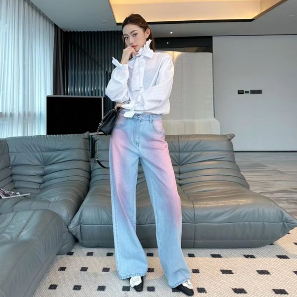 Дизайнерские джинсы женские Jennie 2C с надписью розового градиента, прямые джинсы с высокой талией и широкими штанинами, модные высокого качества