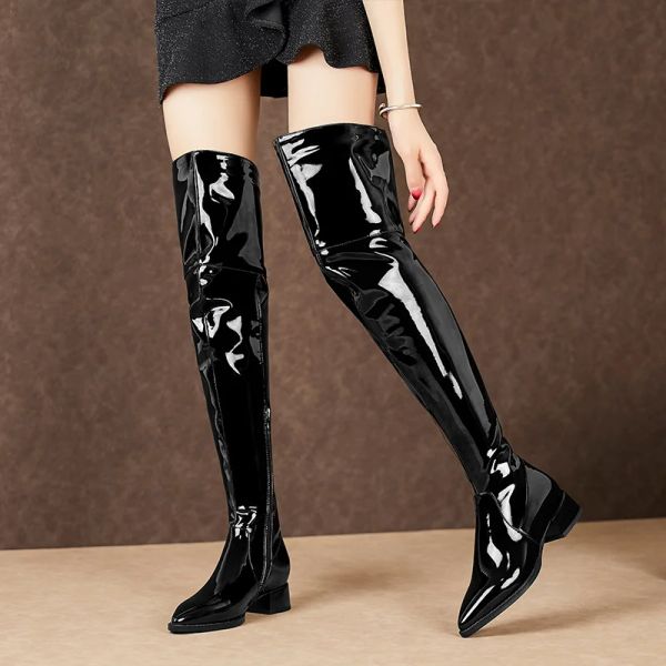 Сапоги черная патентная кожаная эластичность Overthe Knee Long Boots Designer Женская кожаная уличная бедра High Boots Boots New