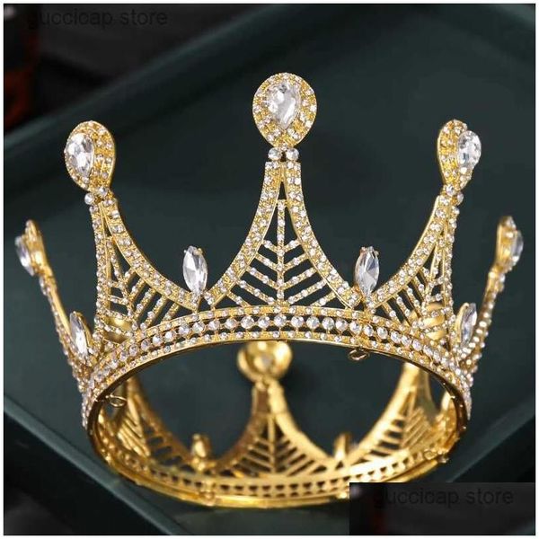 Tiaras Cristal Coroa de Ouro Tiara Nupcial Acessórios de Cabelo Strass Rodada Headband Para Mulheres Rainha Diadema Rei Presente Drop Delivery Jewel Dh9Cd