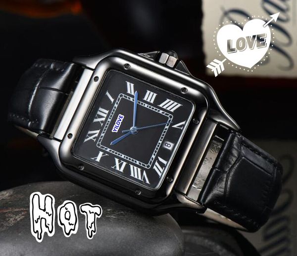 Factory Goods Quadratische römische einfache Zifferblattuhr Herren Quarz Batteriewerk Uhr Leder Hip Hop Iced Out Botton Twire Drawing President Chain Armbanduhr Montre homme