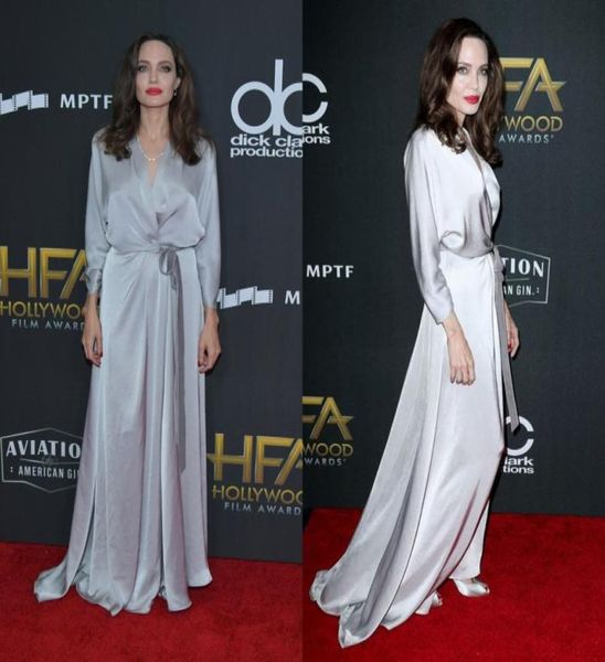 Dusty Grey Angelina Jolie Abiti da sera stile con maniche in seta con scollo a V Abiti da ballo sexy Abiti da passerella casual Abiti formali d1138770