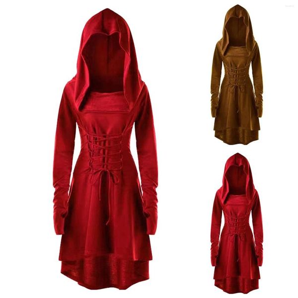 Vestidos casuais plus size medieval mulheres archer traje manga longa com capuz pixie cosplay vestido renascentista femal larp robe bandagem