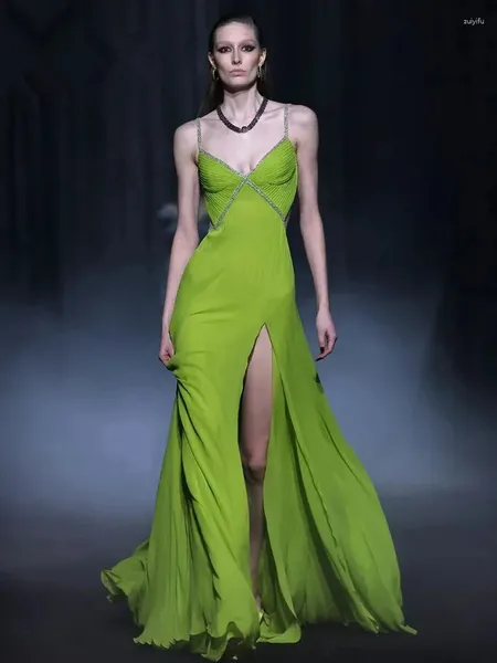 Casual Kleider Luxus Sexy V-ausschnitt Diamanten Grün Split Promi Lange Frauen Kleider Kleid 2024 Elegante Party Abend Bühne Leistung kostüm