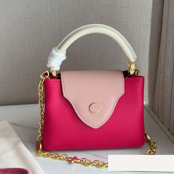 Borse da donna classiche in pelle di vitello bicolore fucsia Mini con patta Borsa a tracolla con catena in metallo sotto le ascelle Borsa a tracolla multi pochette Borsa da esterno Sacoche 20x14 cm