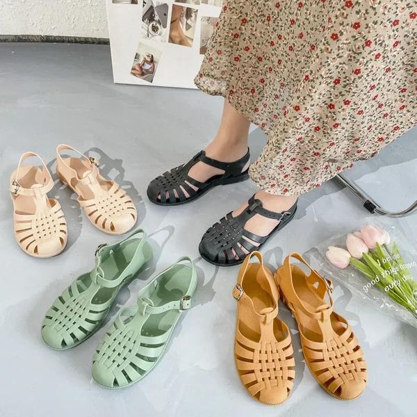 Sandalen Damen Roman Jelly Retro Flache Transparente Kristall Strand Runde Zehen Lässige Hollow Out Designer Schuhe 2024