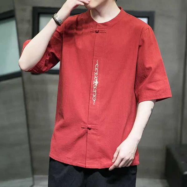 Erkek Tişörtler 2022 Moda Erkek Keten İşlemeli Kısa Knapıtlı T-Shirt Erkek Yaz Düz Renk Tai Chi Kung Fu Gömlek Gevşek Artı Boyut Elbise J240322