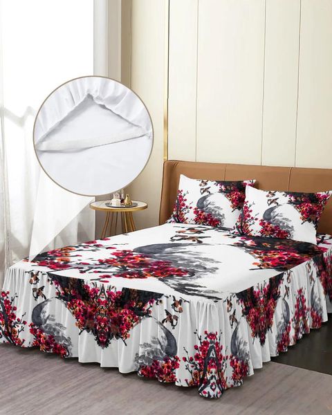 Saia de cama pintura a tinta pardal flor de ameixa colcha equipada com fronhas capa de colchão conjunto de cama lençol