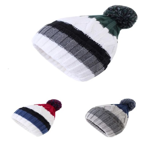 Connectyle meninos meninas crianças clássico listra malha gorro crânio boné velo forrado inverno quente earflap diário ao ar livre chapéu com pom 240311