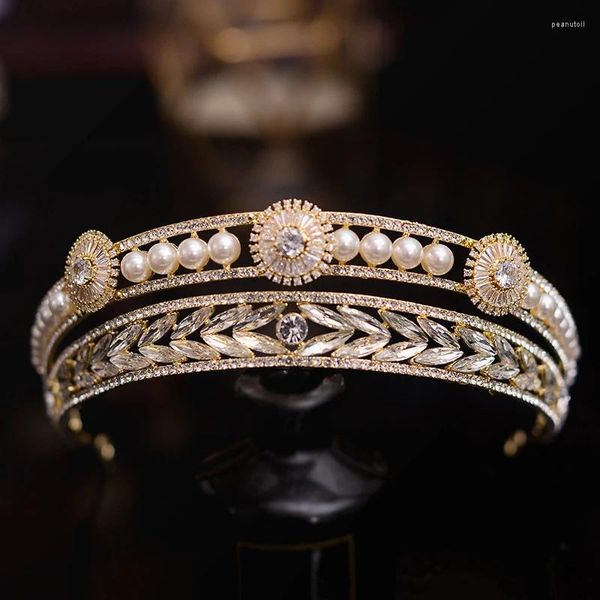 Haarspangen Barock Luxus Gold Farbe Kristall Perlen Braut Tiaras Kronen Strass Festzug Diadem Braut Stirnband Hochzeit Accessoires