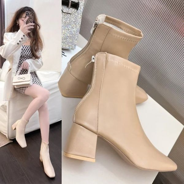 Botas Botas de Tornozelo 2022 Botas de Botas de outono e inverno Coreano Fashion Fashion Toe Botas curtas Botas de plataforma de salto alto