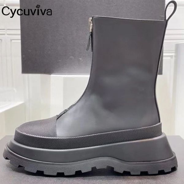 Botas de grossa plataforma de sola chelsea botas para mulheres pretas de couro genuíno botas médias de inverno sapatos casuais zip zapatos mujer