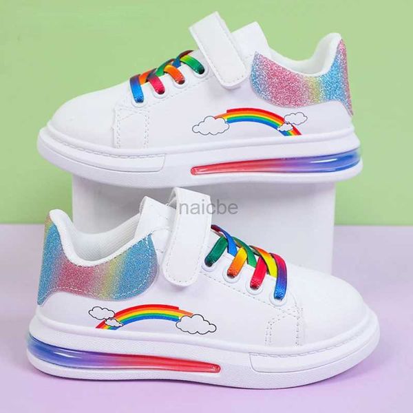 Turnschuhe 2022 Kindermode Sportschuhe Regenbogenfarbene Mädchen Weiße Freizeitschuhe Pu-Leder mit Luftpolstersohle Klettverschluss Herbstsportschuhe 240322