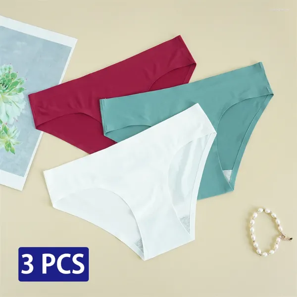 Calcinha das Mulheres 3 Pçs / Set Superior Ice Silk Underwear Mulheres Nylon Conforto Mid Cintura Briefs Algodão Crotch Lift Hips Cuecas Plus Size