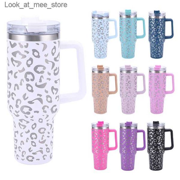 Canecas 40oz Leopard Print estilo carro copo quente com alça café isolamento tambor de aço inoxidável carro válvula de vácuo Q240322