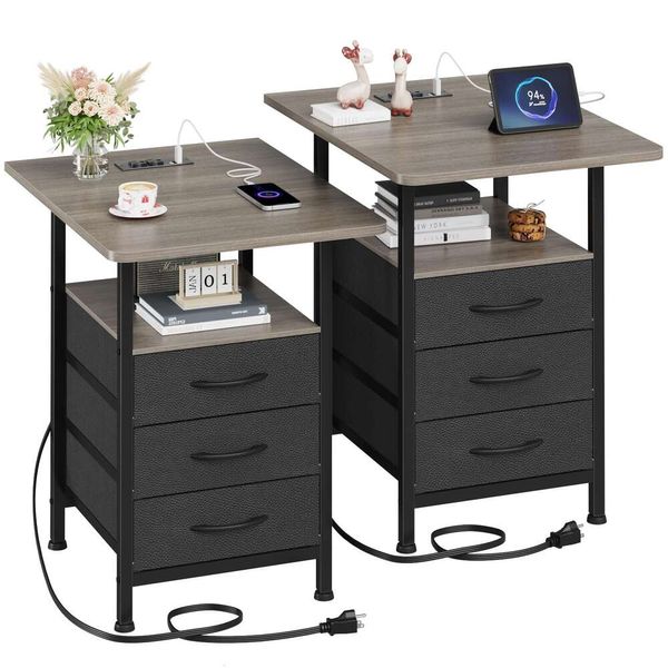 Conjunto GYIIYUO 2 desktops grandes de 19 polegadas (aproximadamente 48,2 cm), estação de carregamento rápido, 3 gavetas de tecido, espaço de armazenamento aberto na cabeceira, mesa lateral com porta USB e