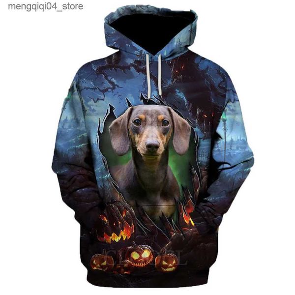 Мужские толстовки с капюшоном HX Halloween Dachshund 3D Graphic Tear The Night Hoodie Повседневная мужская одежда Животные Домашние животные Карманные пуловеры Топы Q240322