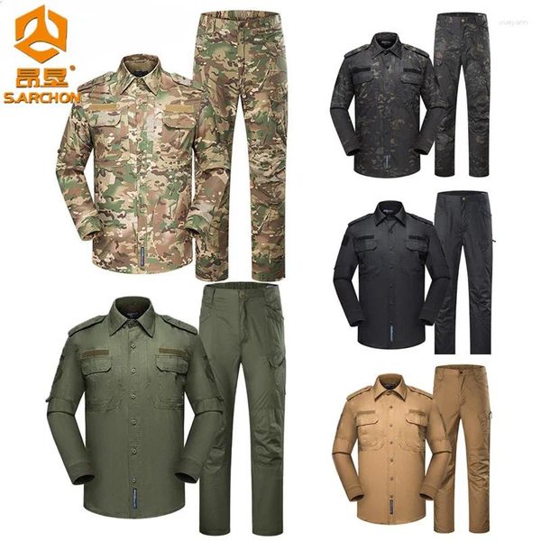 Tracksuits masculinos treinamento ao ar livre camuflagem treinador uniforme homens mulheres multi-bolsos manga longa táticas define escalada caça terno masculino