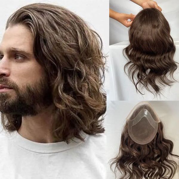 Система замены вьющихся волос париков для мужчин, длинный парик длиной 12 дюймов, тонкий монокружевной мужской парик 8x10, свободный волнистый парик для мужчин, темно-коричневый